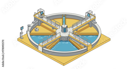 Isometric water treatment plant with circular tanks and walkways