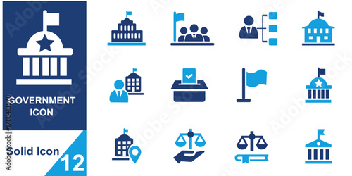 Government icons set  representing parliament, election and public services. Solid vector icons collection.
