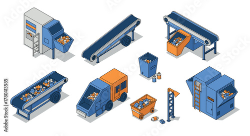 Isometric recycling plant with conveyor belts and waste management equipment