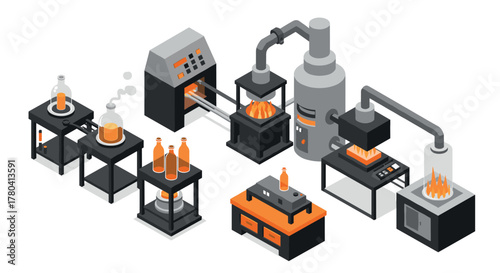 Isometric brewery factory process with equipment and machinery for beer production