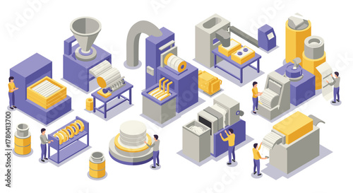 Isometric factory machinery layout with workers in industrial setting