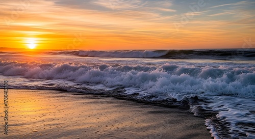 Ocean sunset beach waves landscape horizon water sand sky sunlight scenic beautiful nature dusk light