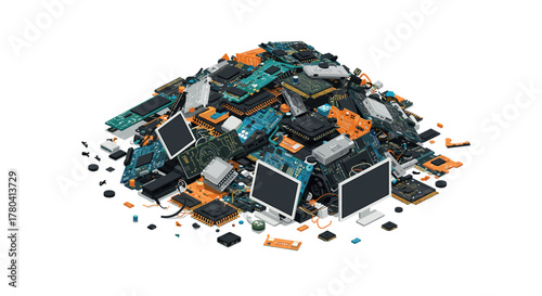 3d pile of disassembled electronic components and circuit boards