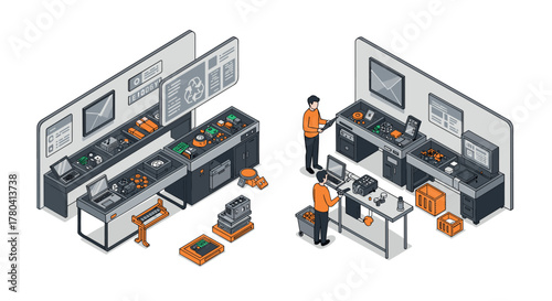 Isometric recycling center with workers managing waste and sorting stations