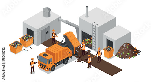Isometric waste management scene with workers and vehicles in industrial setting