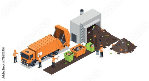 Isometric garbage disposal with trucks and workers in safety gear