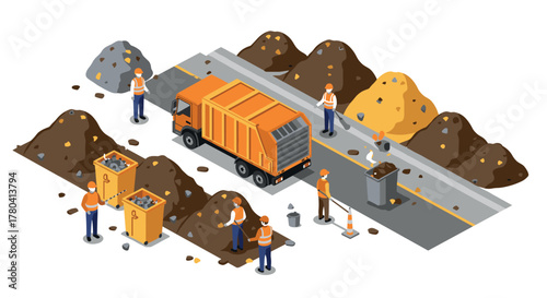 Isometric waste management workers in action near garbage truck