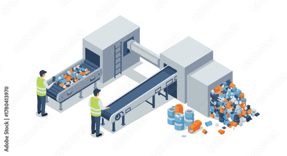 Fototapeta premium Isometric recycling factory with workers at conveyor belts sorting waste