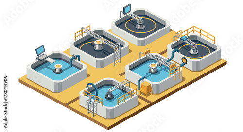 Isometric industrial water treatment facility with tanks and piping system