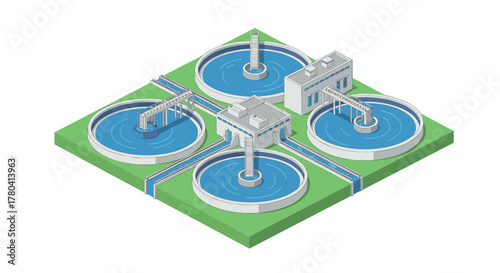 Water treatment plant in isometric style featuring circular tanks and filtration structures