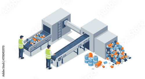Isometric recycling factory with workers at conveyor belts sorting waste