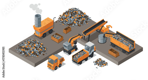 Industrial recycling facility scene with conveyor belt and heavy machinery in isometric style