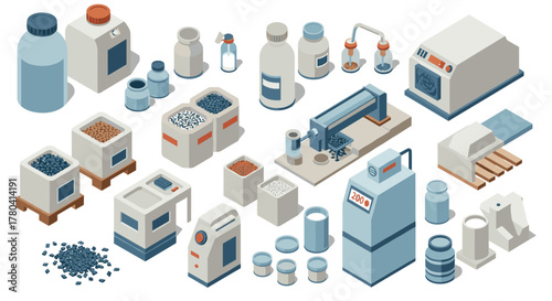 Plastic manufacturing machine isometric set with containers and equipment for industrial production