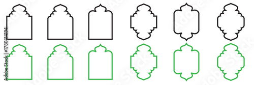 Vector  Ramadan Kareem mosque gates, doors and windows .Collection of various green geometric and ornamental shapes arranged on a perfect for design elements, templates, and pattern creation.