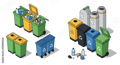 Isometric recycling bins with waste segregation and trash management icons