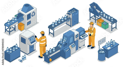 Recycling plant workers operating machines in isometric style