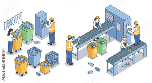 Efficient recycling process with workers sorting bottles on conveyor belt in isometric design