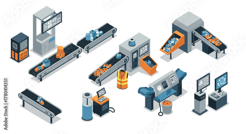 Automated factory assembly line with conveyor belts and robotics in isometric style