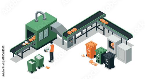 Isometric recycling factory with conveyor belts and waste bins for sustainability