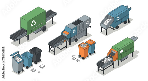 Isometric recycling machines and waste bins on conveyor belt