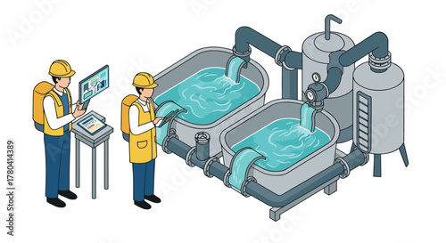 Water purification process with engineers monitoring in isometric design