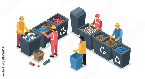 Isometric waste management scene with workers sorting recyclables in uniforms