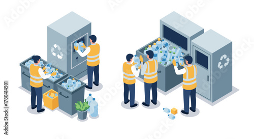 Workers sorting recycling waste in isometric style for environmental awareness and waste management