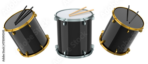 Set of drum and wooden drum sticks on white background. 3d render concept of musical instrument, drum machine