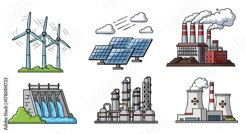 Power Generation Icons Diverse Energy Sources for Sustainability and Innovation