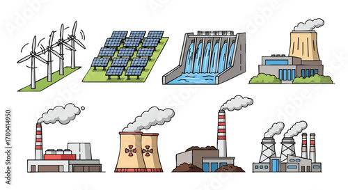 Renewable Energy Sources and Power Plants Sustainable Technology Illustration