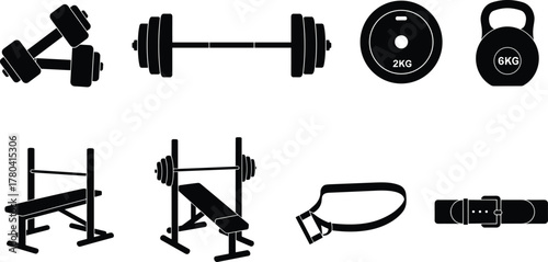 Gym fitness equipment icons set, dumbbells, barbells, kettlebells, weight plates, bench press, resistance band, lifting belt, workout, flat vector illustration