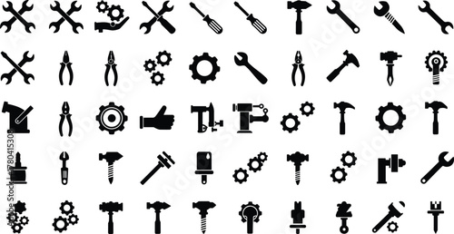 Tools icons, mechanical silhouettes, wrenches, screwdrivers, hammers, pliers, gears, calipers, drills, workshop equipment, engineering parts, repair symbols, flat vector