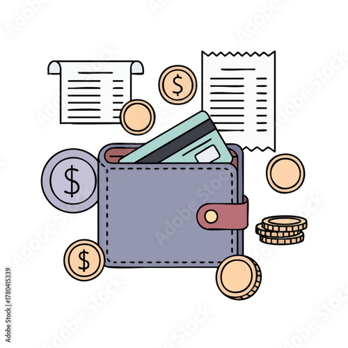 Wallet with Credit Card, Coins, and Receipts A Financial Concept Illustration