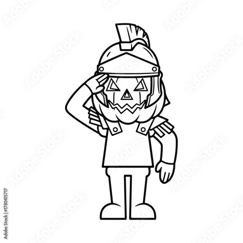 A flat outline cartoon illustration of a pumpkin character wearing a Roman soldier helmet and armor on a plain white background.