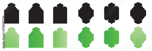 Vector  Ramadan Kareem mosque gates, doors and windows .Collection of various green geometric and ornamental shapes arranged on a perfect for design elements, templates, and pattern creation.