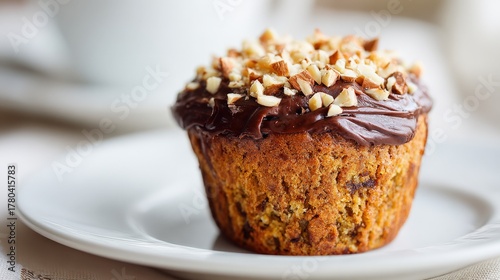 Banana chocolate muffin with nuts close-up