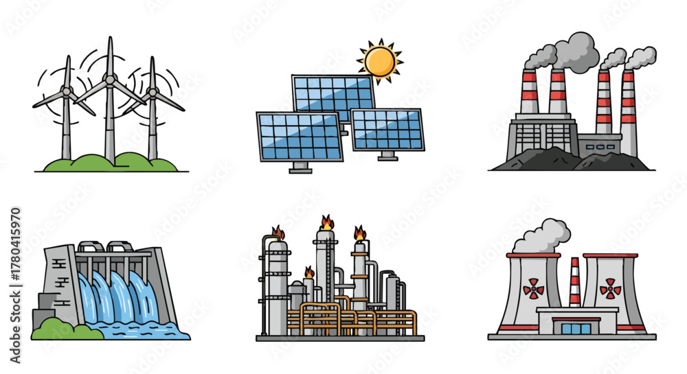 Fototapeta premium Energy Sources Icons Set Wind Turbines, Solar Panels, Power Plants, and More