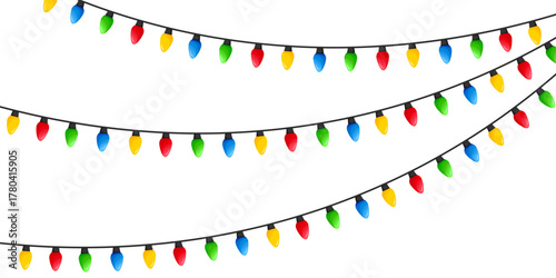 Vector image of Christmas lights. Festive decor and decoration made of colorful Christmas lights. Graphic element for your designs, Christmas cards, websites, banners, and posters.