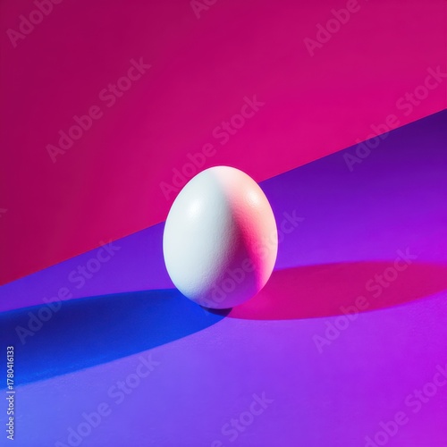 Simple white egg illuminated by vibrant studio lights against pink and purple backdrop creates unique light and shadow scene perfect for creative background