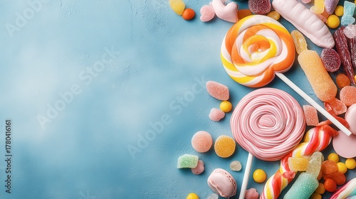 Colorful Assortment of Candies and Lollipops on a Light Blue Surface Background Sweet Treat Delightful Bright Collection Culinary