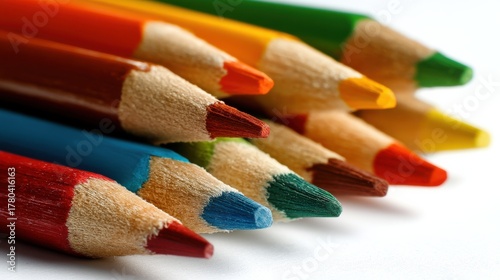 Vibrant Color Pencils Arranged in a Row on a White Surface for Creative Art and Design Projects