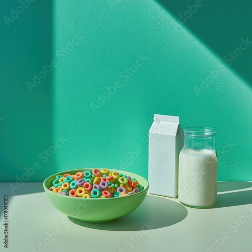 Bright Breakfast Still Life Cereal Bowl Milk Carton Glass on Mint Green Background Fresh Meal Vibrant Colors
