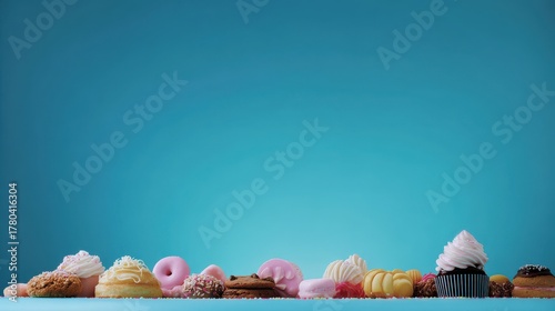 Sweet Delights Collection of Cupcakes Macarons and Cookies on Teal Background Delightful Pastries