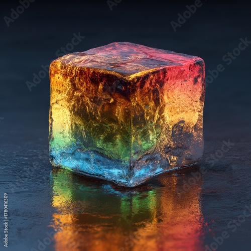 Vivid Spectrum Cube Radiant on Reflective Surface a Mesmerizing Display of Colors and Light for Art Installation