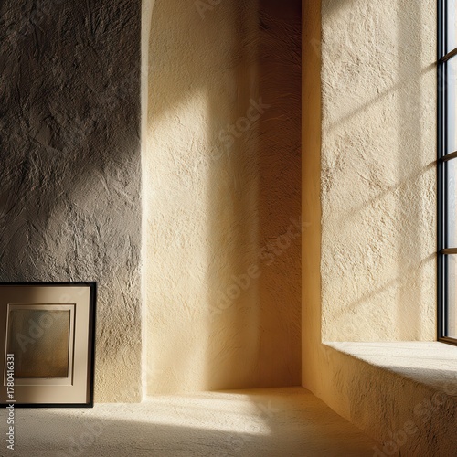 Serene interior composition featuring textured plaster wall soft sunlight and framed artwork evoking calm minimal design