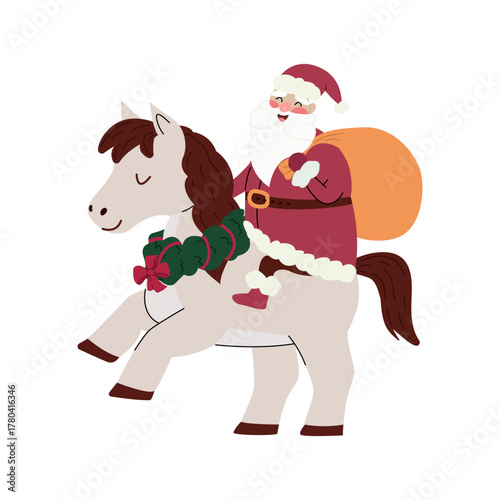 Santa Claus sits on a horse with a sack of gifts. Santa Claus joyfully saddles his horse. Cute Christmas vector illustration in flat style. Winter holiday scene on a white background.