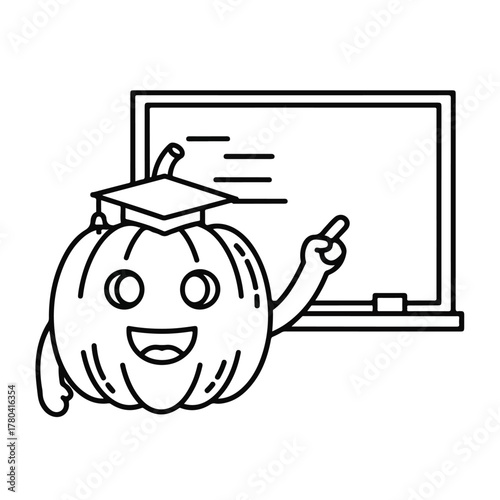 Flat outline cartoon pumpkin vector wearing a graduation cap and pointing at a blackboard in a simple educational setting.