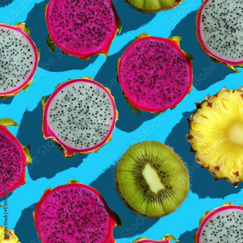 Vibrant tropical fruit layout including dragon fruit kiwi and pineapple on a bright blue table showcasing color and natural textures