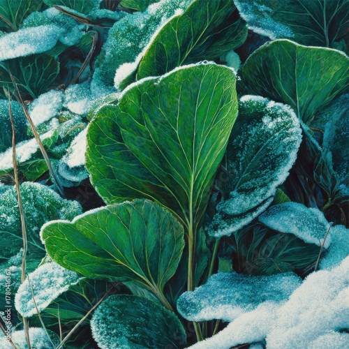 Captivating frosty cabbage field revealing the exquisite frosty coating and striking vein details