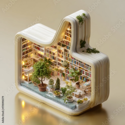 Miniature Library Diorama with Bookshelf and Plants in a Cozy Room Setting Ideal for Knowledge and Serenity